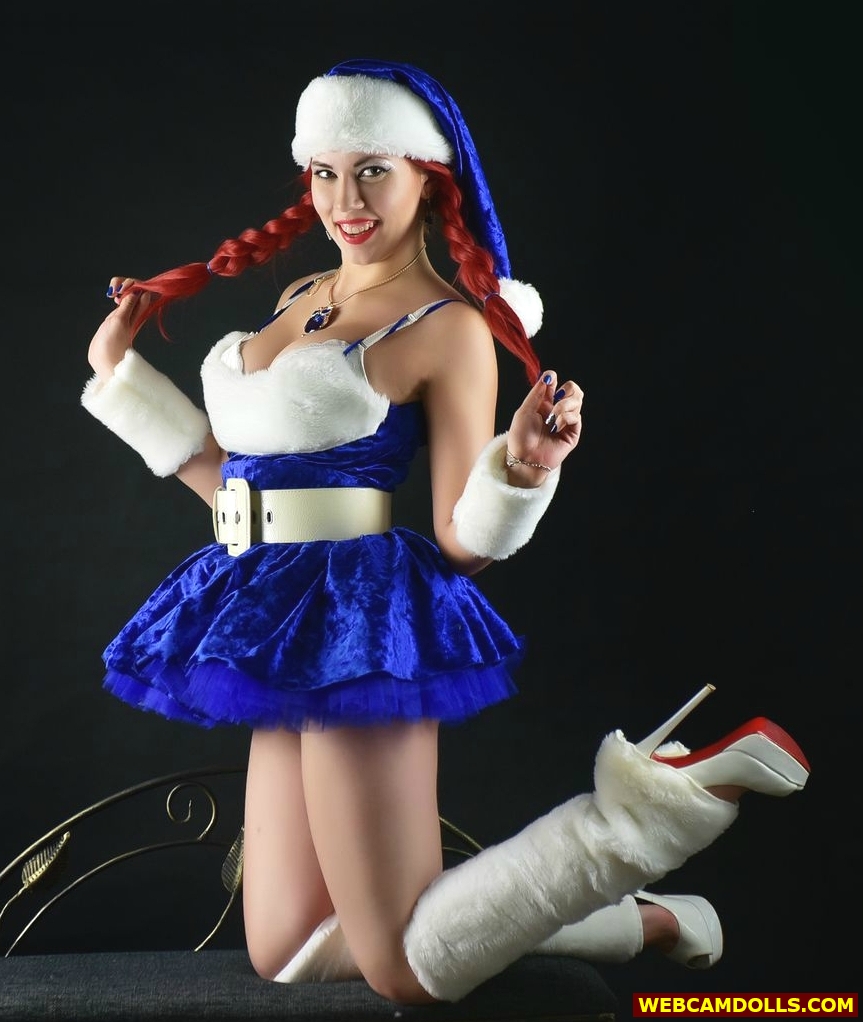 Redhead Santa Girl in White Leg Warmers and Blue Tulle Tutu on Webcamdolls